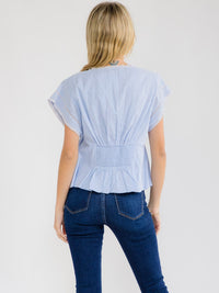 WOMEN'S SHORT SLEEVE V-NECK BUTTO UP LACE PEPLUM TOP