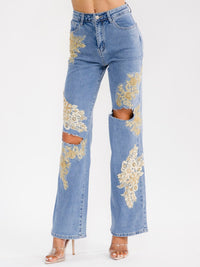 WOMEN'S BUTTON CLOSURE POCKET WIDE LEG RHINESTONES SEQUINS DISTRESS STRETCH DENIM PANTS