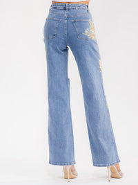 WOMEN'S BUTTON CLOSURE POCKET WIDE LEG RHINESTONES SEQUINS DISTRESS STRETCH DENIM PANTS
