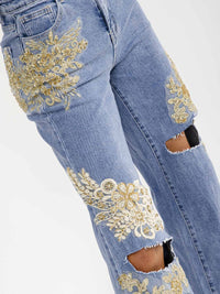 WOMEN'S BUTTON CLOSURE POCKET WIDE LEG RHINESTONES SEQUINS DISTRESS STRETCH DENIM PANTS