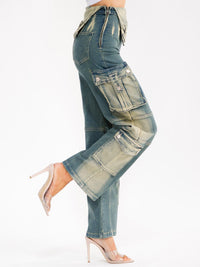 WOMEN'S ZIPPER CLOSURE CARGO POCKET STRAIGHT LEG STRETCH WASHED DENIM PANTS