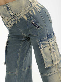 WOMEN'S ZIPPER CLOSURE CARGO POCKET STRAIGHT LEG STRETCH WASHED DENIM PANTS