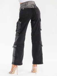 WOMEN'S ZIPPER CLOSURE CARGO POCKET STRAIGHT LEG STRETCH WASHED DENIM PANTS
