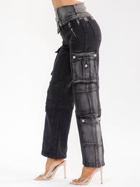 WOMEN'S ZIPPER CLOSURE CARGO POCKET STRAIGHT LEG STRETCH WASHED DENIM PANTS