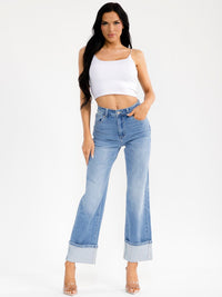 WOMEN'S BUTTON CLOSURE POCKET WIDE LEG RHINESTONES STRETCH DENIM PANTS