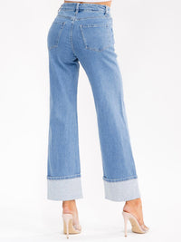 WOMEN'S BUTTON CLOSURE POCKET WIDE LEG RHINESTONES STRETCH DENIM PANTS