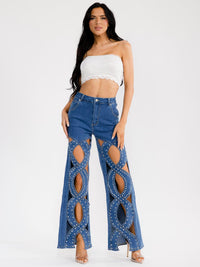 WOMEN'S BUTTON CLOSURE POCKET WIDE LEG RHINESTONES STRETCH DENIM PANTS