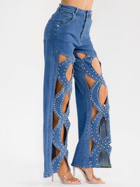 WOMEN'S BUTTON CLOSURE POCKET WIDE LEG RHINESTONES STRETCH DENIM PANTS