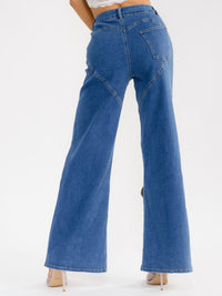 WOMEN'S BUTTON CLOSURE POCKET WIDE LEG RHINESTONES STRETCH DENIM PANTS