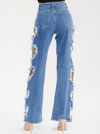 WOMEN'S BUTTON CLOSURE POCKET STRAIGHT LEG ANIMAL PRINT STRETCH DENIM PANTS