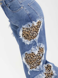 WOMEN'S BUTTON CLOSURE POCKET STRAIGHT LEG ANIMAL PRINT STRETCH DENIM PANTS