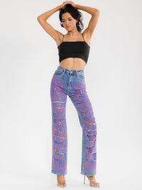 WOMEN'S BUTTON CLOSURE POCKET WIDE LEG MULTI DISTRESS STRETCH DENIM PANTS