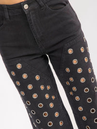 WOMEN'S BUTTON CLOSURE POCKET STRAIGHT LEG STRETCH DENIM PANTS