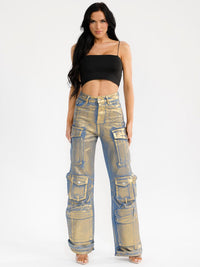 WOMEN'S BUTTON CLOSURE CARGO POCKET WIDE LEG STRETCH DENIM METALLIC PANTS
