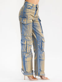WOMEN'S BUTTON CLOSURE CARGO POCKET WIDE LEG STRETCH DENIM METALLIC PANTS