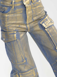 WOMEN'S BUTTON CLOSURE CARGO POCKET WIDE LEG STRETCH DENIM METALLIC PANTS