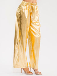 WOMEN'S ELASTIC WAIST FRONT POCKETS WIDE LEG METALLIC PANTS