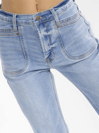 WOMEN'S BUTTON CLOSURE POCKETS BELL LEG STRETCH DENIM PANTS