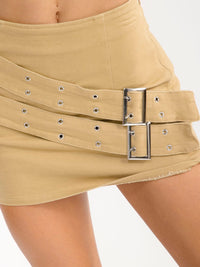 WOMEN'S ZIP UP BELT DETAILED STRETCH DENIM MINI SKORT