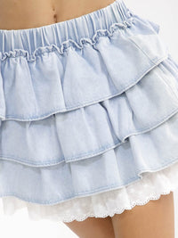 WOMEN'S ELASTIC WAIST TIERED RUFFLE DENIM MINI SKIRT