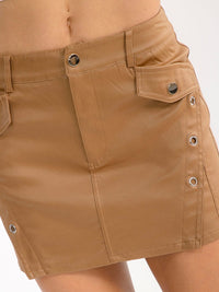 WOMEN'S BUTTON CLOSURE FRONT POCKETS PU PLEATHER MINI SKORT