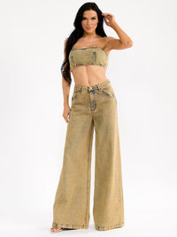 WOMEN'S SLEEVELESS CROP TOP & BUTTON CLOSURE WIDE LEG PANTS WASHED DENIM 2PC. SET