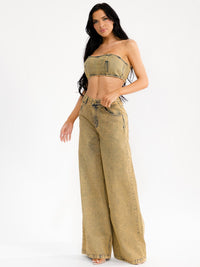 WOMEN'S SLEEVELESS CROP TOP & BUTTON CLOSURE WIDE LEG PANTS WASHED DENIM 2PC. SET