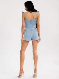 WOMEN'S SLEEVELESS RUFFLE OPEN BACK FRONT POCKETS DENIM ROMPER