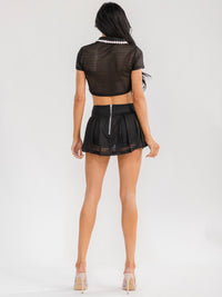 WOMEN'S SHORT SLEEVE CROP TOP & ZIP UP MINI SKORT CROCHET 2PC. SET