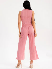 WOMEN'S SLEEVELESS BUTTON UP TOP & ELASTIC WAIST WIDE LEG PANTS EYELET 2PC. SET