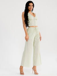 WOMEN'S SLEEVELESS BUTTON UP TOP & ELASTIC WAIST WIDE LEG PANTS EYELET 2PC. SET