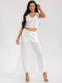 WOMEN'S SLEEVELESS BUTTON UP TOP & ELASTIC WAIST WIDE LEG PANTS EYELET 2PC. SET