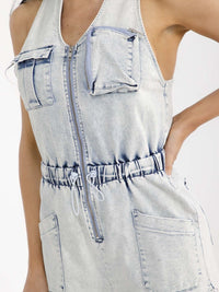 WOMEN'S SLEEVELESS HALTER NECK FRONT POCKETS ELASTIC WAIST FRINGE DENIM ROMPER