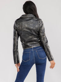 WOMEN'S LONG SLEEVE ZIP UP FRONT POCKETS PU PLEATHER BELTED JACKET