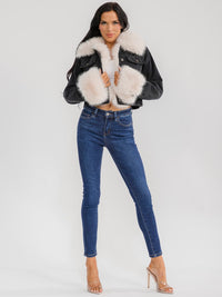 WOMEN'S LONG SLEEVE BUTTON CLOSURE POCKETS REMOVABLE FAUX FUR DENIM JACKET