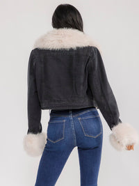 WOMEN'S LONG SLEEVE BUTTON CLOSURE POCKETS REMOVABLE FAUX FUR DENIM JACKET
