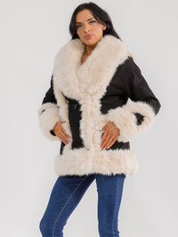WOMEN'S LONG SLEEVE BUTTON CLOSURE POCKETS FAUX FUR DENIM JACKET