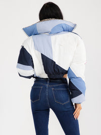 WOMEN'S LONG SLEEVE ZIP UP POCKETS COLORBLOCK PUFFER CROP JACKET