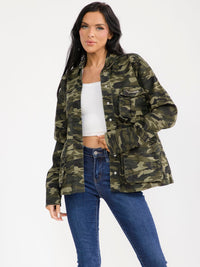 WOMEN'S LONG SLEEVE BUTTON CLOSURE POCKETS CAMO PRINT DENIM JACKET