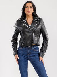 WOMEN'S LONG SLEEVE ZIP UP FRONT POCKETS PU PLEATHER STUDS JACKET