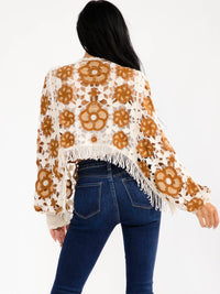 WOMEN'S LONG SLEEVE PEARL FLORAL CROCHET TOP