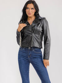 WOMEN'S LONG SLEEVE ZIPPER CLOSURE FRONT POCKETS RHINESTONES FRINGE PU PLEATHER JACKET