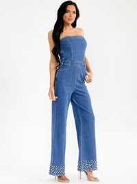 WOMEN'S SLEEVELESS POCKETS STUDS WIDE LEG DENIM TUBE JUMPSUIT