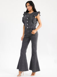 WOMEN'S RUFFLE SLEEVES BUTTON UP FRONT POCKETS BELL LEG DENIM JUMPSUIT