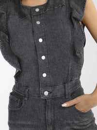 WOMEN'S RUFFLE SLEEVES BUTTON UP FRONT POCKETS BELL LEG DENIM JUMPSUIT
