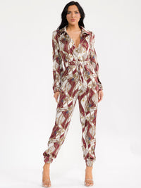 WOMEN'S LONG SLEEVE SURPLICE ELASTIC WAIST POCKETS MULTI PRINT JOGGER JUMPSUIT