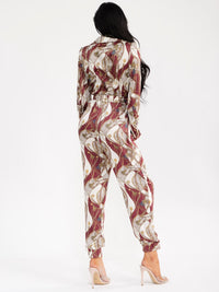 WOMEN'S LONG SLEEVE SURPLICE ELASTIC WAIST POCKETS MULTI PRINT JOGGER JUMPSUIT