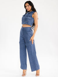 WOMEN'S SLEEVELESS CROP TOP & BUTTON CLOSURE WIDE LEG PANTS WASHED SHIMMER 2PC. SET