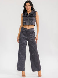 WOMEN'S SLEEVELESS CROP TOP & BUTTON CLOSURE WIDE LEG PANTS WASHED SHIMMER 2PC. SET
