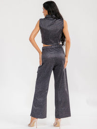 WOMEN'S SLEEVELESS CROP TOP & BUTTON CLOSURE WIDE LEG PANTS WASHED SHIMMER 2PC. SET